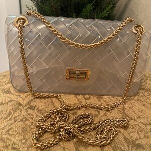 Woven Clear Jelly Shoulder Bag with Gold Chain